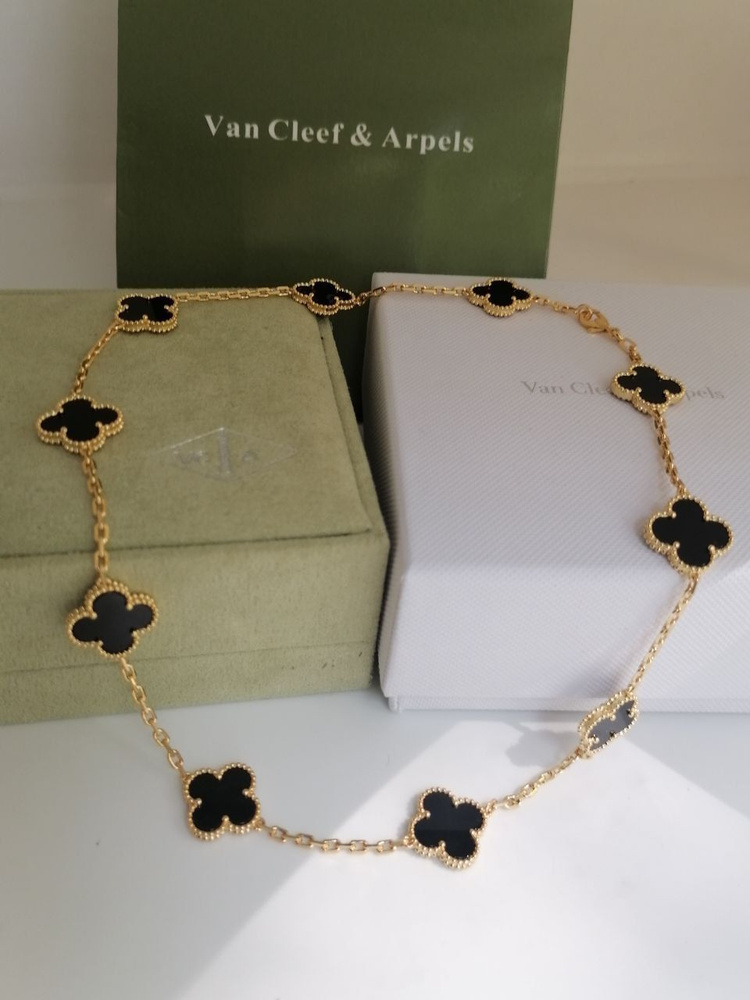 Колье в образе Van Cleef & Arpels мотив Alhambra клевер с ониксом под золото в фирменной упаковке #1