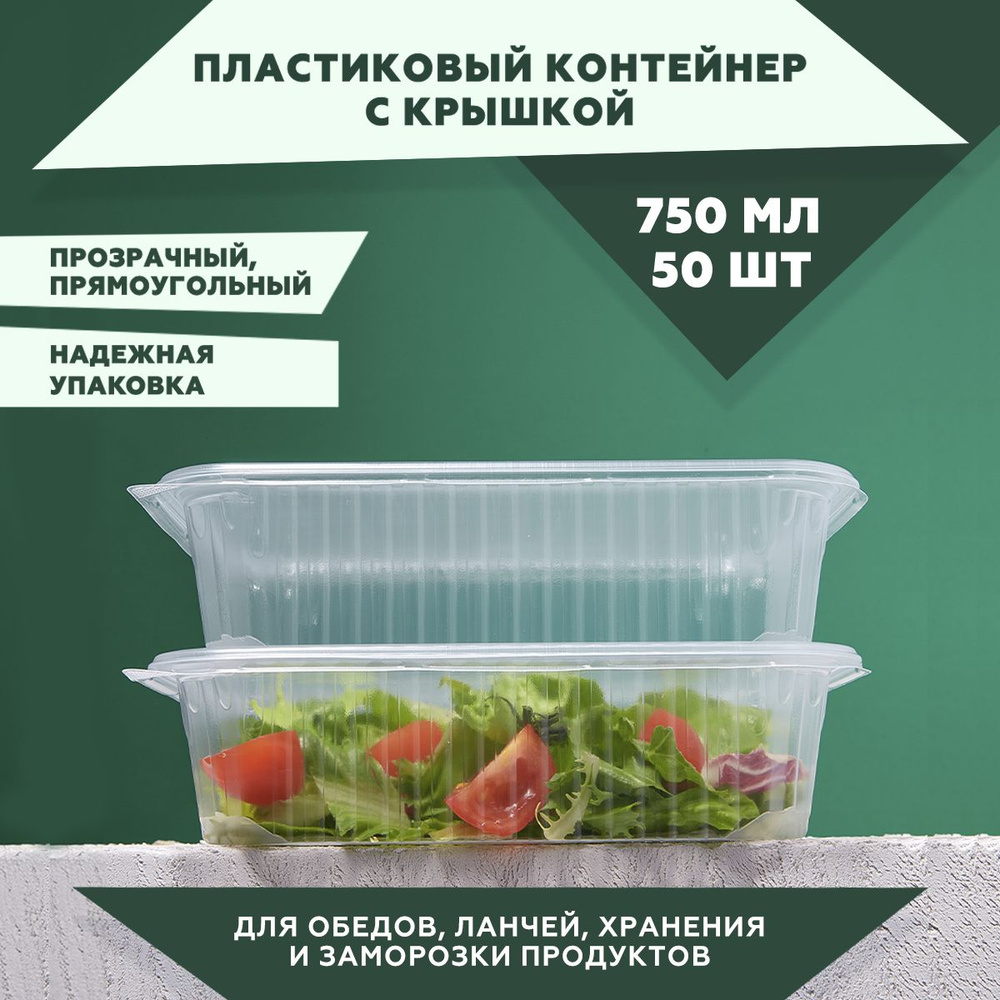 Одноразовый контейнер с крышкой 750 мл., 50 штук. Для обедов, ланчей, хранения и заморозки продуктов. #1