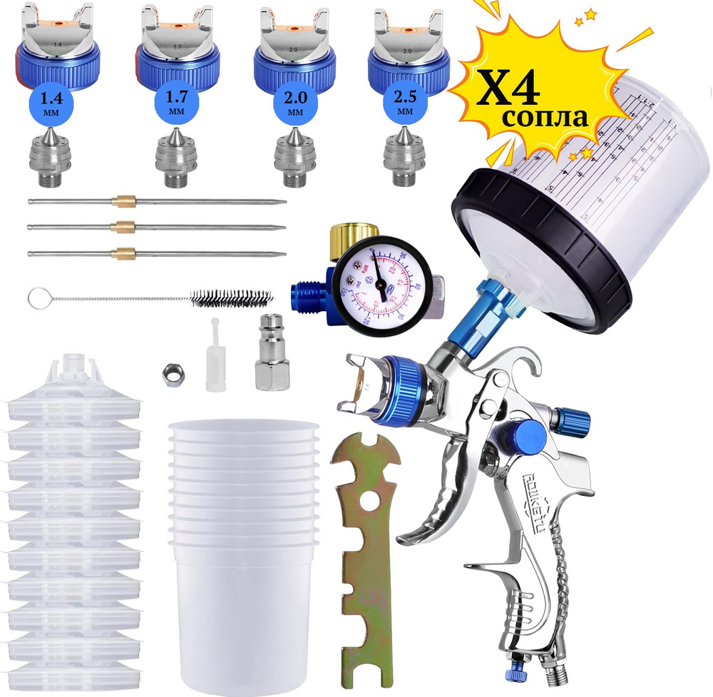 Краскопульт пневматический Дюзы: 1.4/1.7/2.0/2.5 мм(профессиональный краскораспылитель) Spray gun с верхним #1