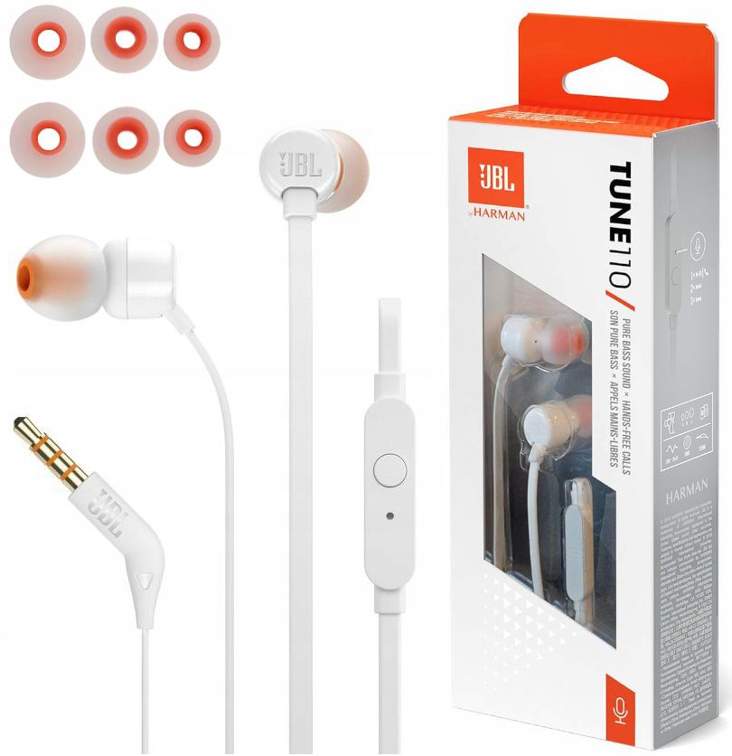 Наушники проводные, JBL T110, внутриканальные, вакуумные с микрофоном, 3,5mm, белые  #1