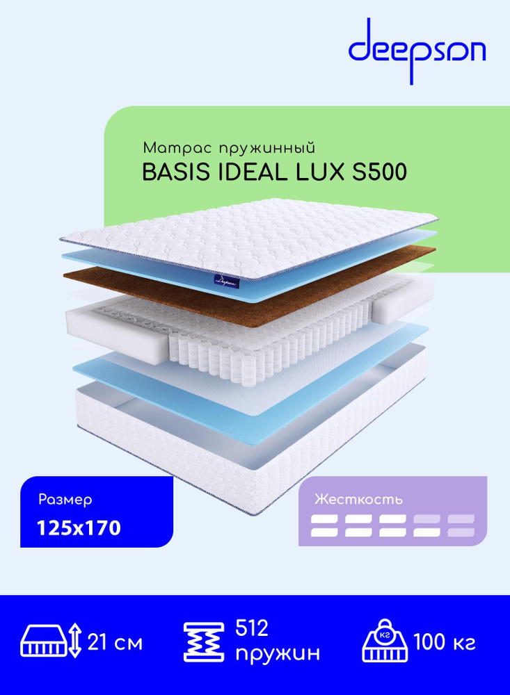 Матрас, Ортопедический матрас Deepson BASIS IDEAL LUX S500 средней и выше средней жесткости, Полутороспальный, #1