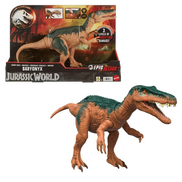 игрушки mattel фигурки Jurassic World Epic Attack Baryonyx Dinosaur Toy Figure, Double Damage, Lights #1