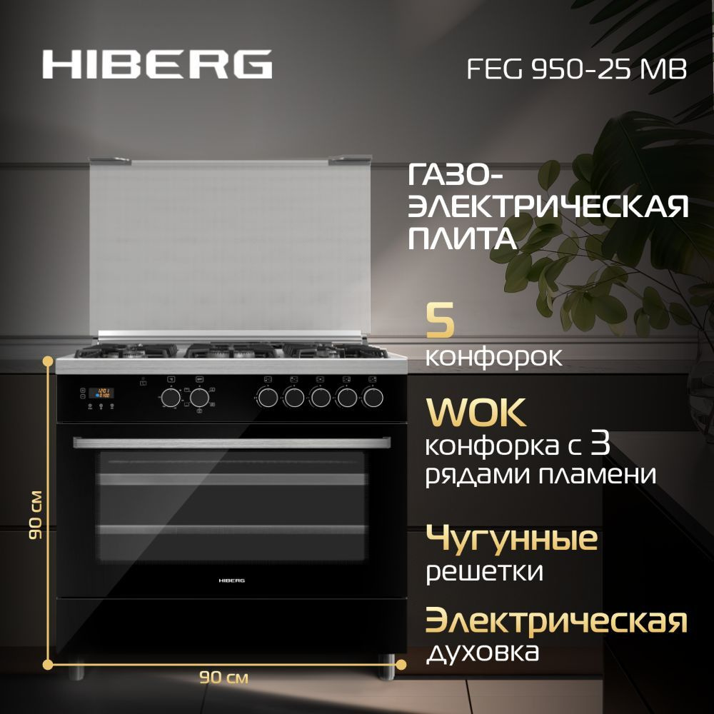 Газоэлектрическая плита HIBERG FEG 950-25 MB широкая, 111 л, газ-контроль конфорок, электроподжиг, электрогриль, #1