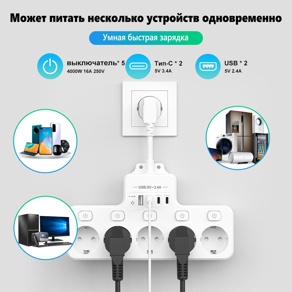 HITRENDS Сетевой фильтр EU 5 розеток с выключателями + 2 USB + 2 Type-C ...