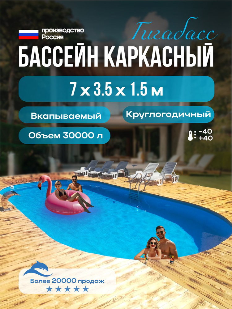Бассейн ГИГАБАСС овальный вкапываемый 7х3,5х1,5 м каркасный морозоустойчивый (чашковый пакет 0,6 голубой) #1
