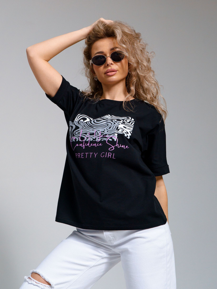 Футболка Женский SveTekst черный, сиреневый Средний, размер 60 Кулирная ...