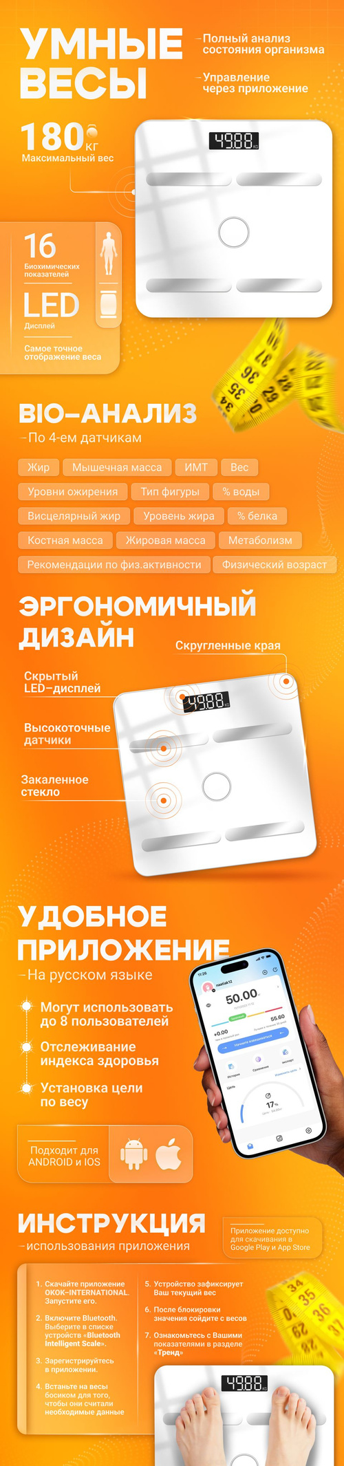 Весы напольные электронные; умные с bluetooth, повышенной точности