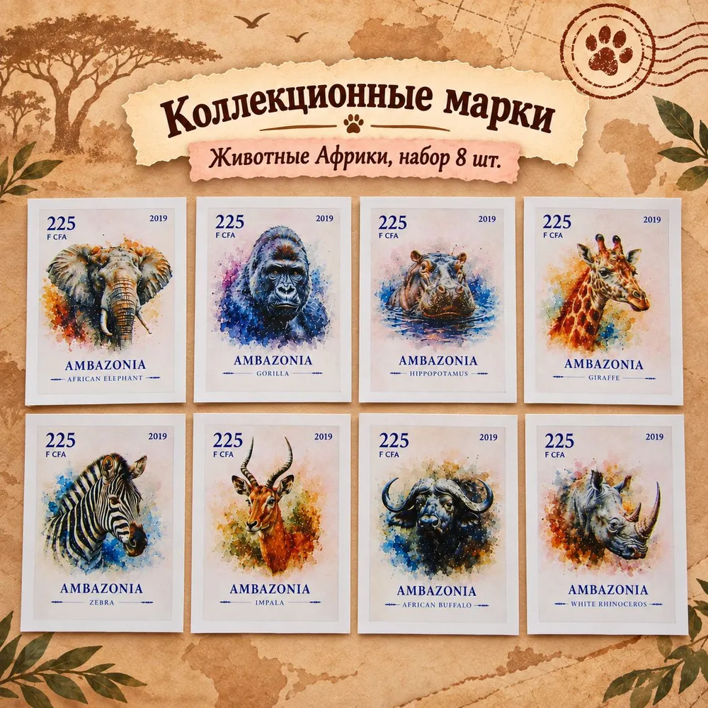 Марки. Амбазония. Животные Африки 2019, 8 штук в серии., вариант