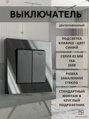 Выключатель механический двухклавишный черный, рамка из закаленного ударопрочного стекла