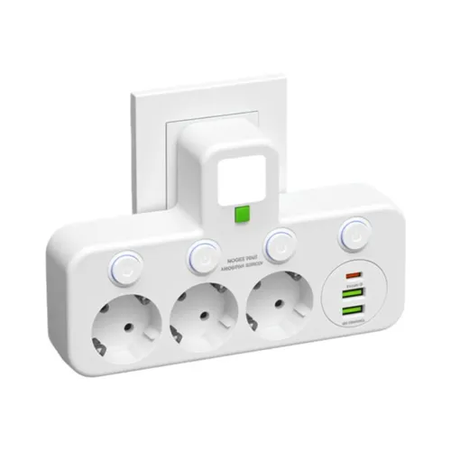 Розетка настенная T-образная 3-позиционная с защитой от перегрузки, выключателем и заземлением, 2 по