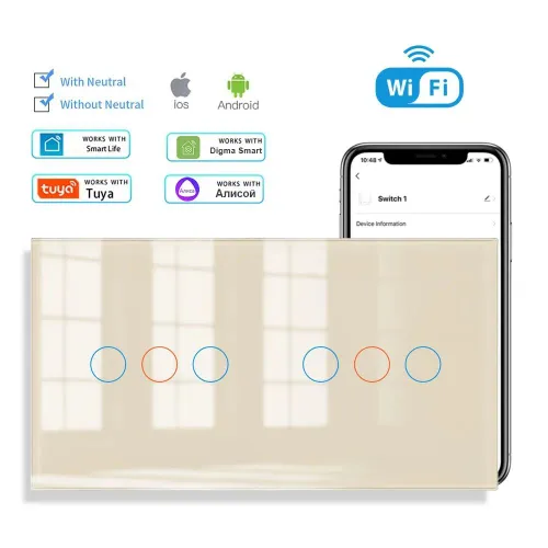 Умный сенсорный выключатель с WIFI трехклавишный ,6 клавиша 2пост стекло 153х82 мм ,Золотой