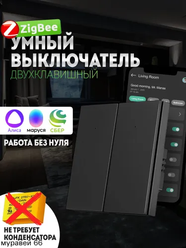 Умный выключатель ZigBee, 2 клавишный, скрытый монтаж KX