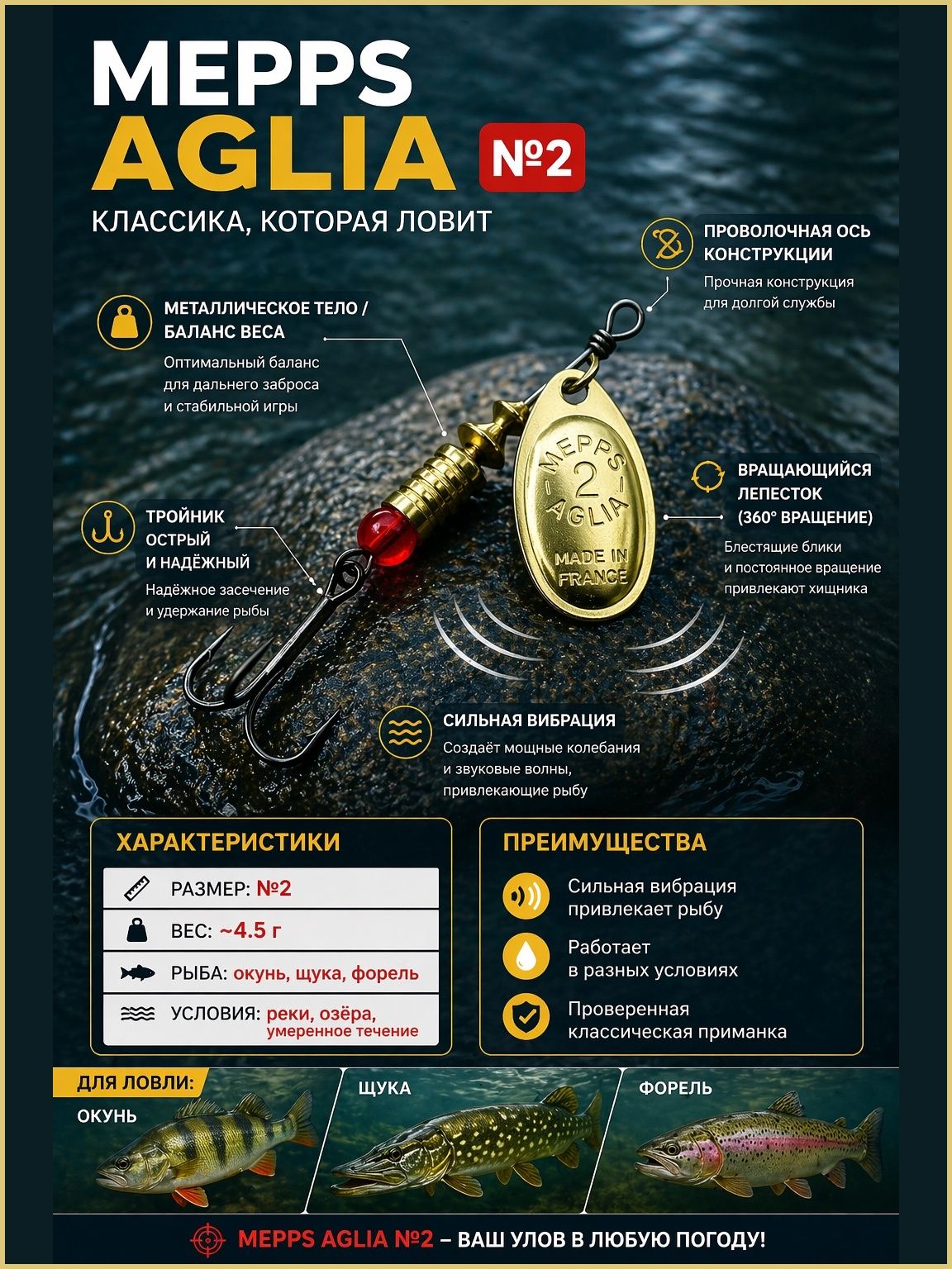 Блесна вращающаяся для рыбалки Mepps AGLIA №2 на щуку, окуня, форель
