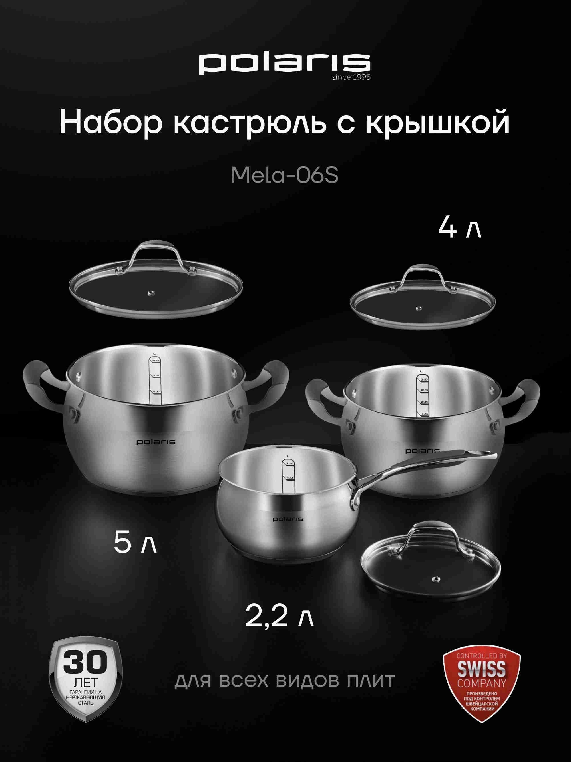 Набор кастрюль Polaris Mela-06S из нержавеющей стали, с крышками, для всех типов плит, включая индукционные
