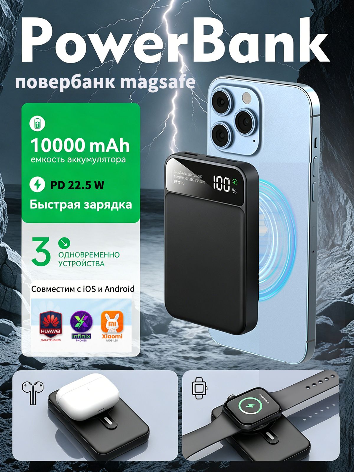Магнитный повербанк 10000 мАч, внешний аккумулятор с беспроводной зарядкой и быстрой зарядкой