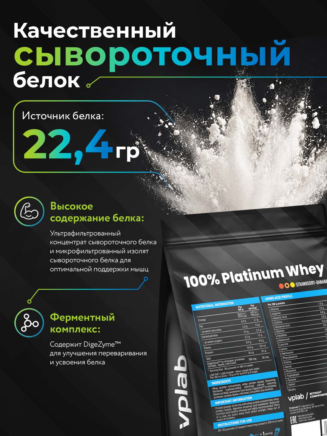 Vplab, 100 % Platinum Whey, 750 г, клубника-банан