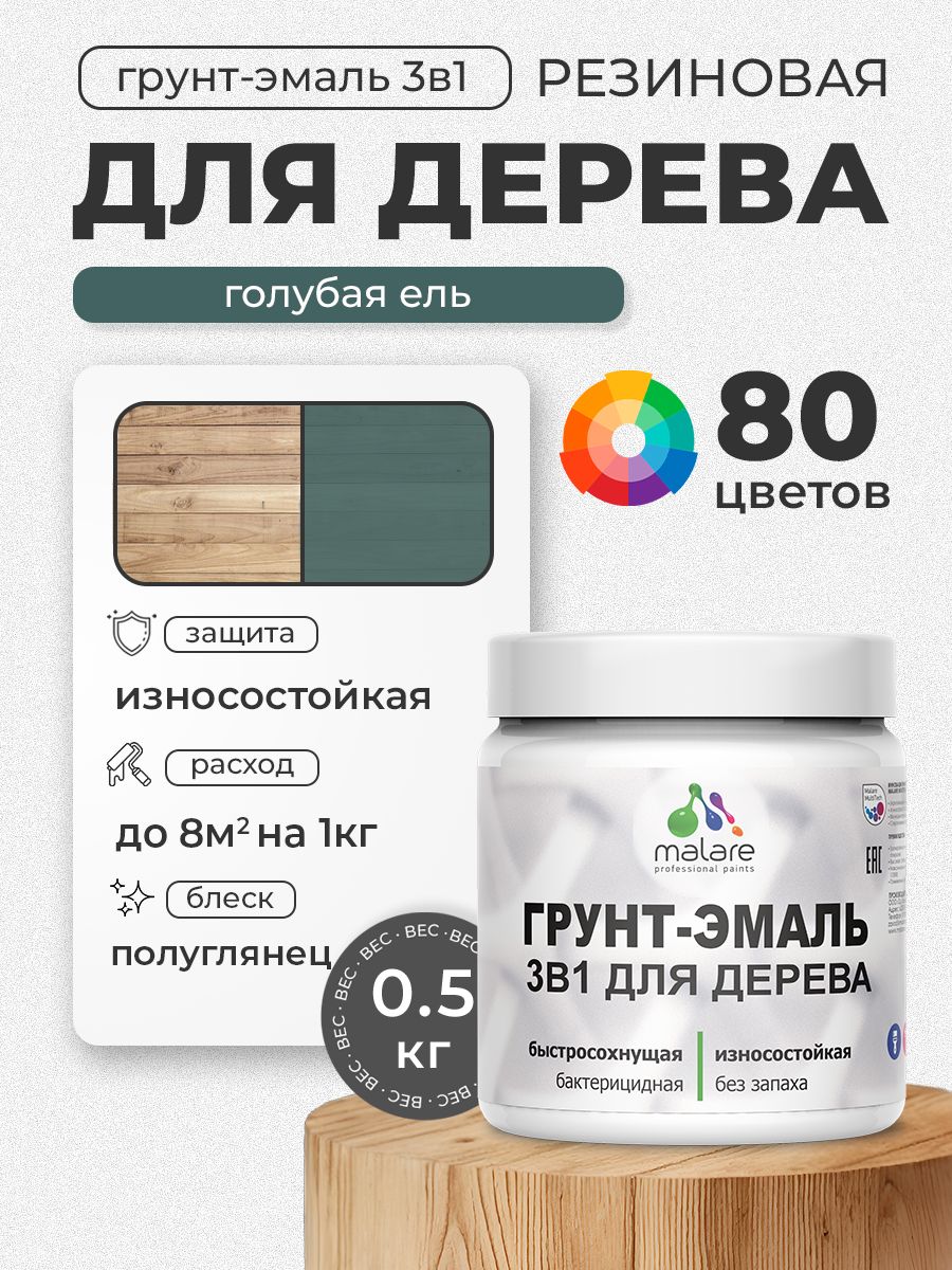 Латексная Грунт-Эмаль 3 в 1 Malare для деревянных поверхностей с антисептическим эффектом, быстросохнущая моющаяся без запаха полуглянцевая, голубая ель, 0.5 кг