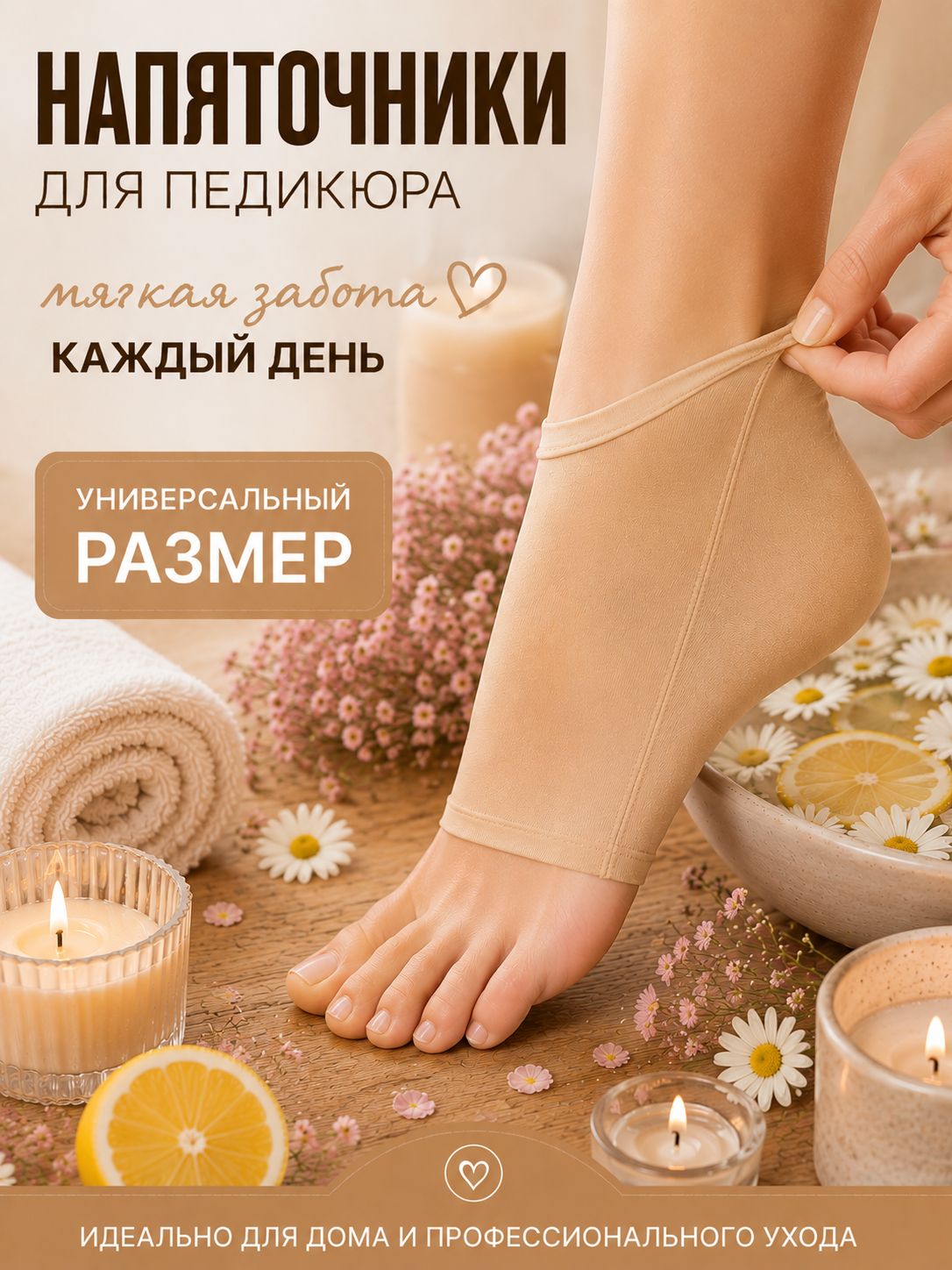 Напяточники для педикюра бежевые ONE SIZE, увлажняющие носочки для пяток с силиконом