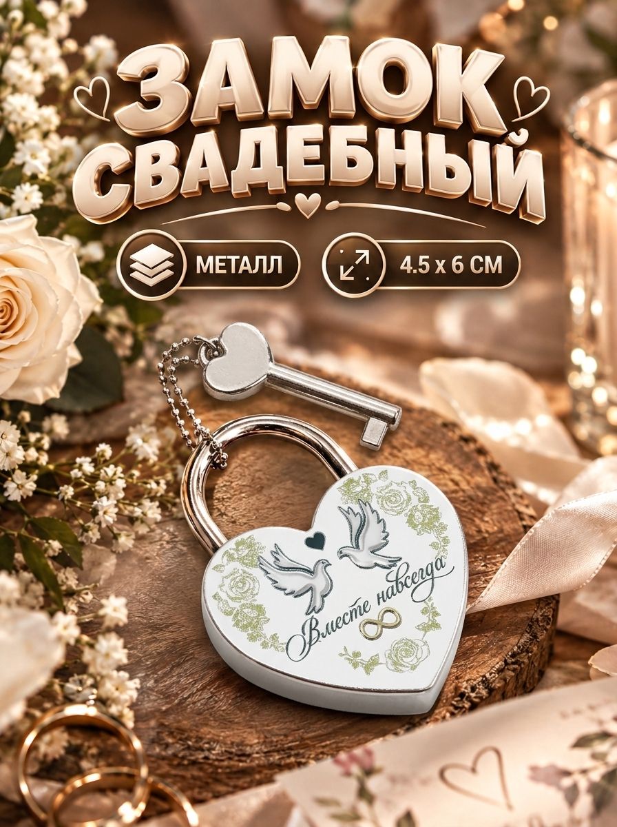 Замок свадебный с ключом "Вместе навсегда", 4 х 6 см.