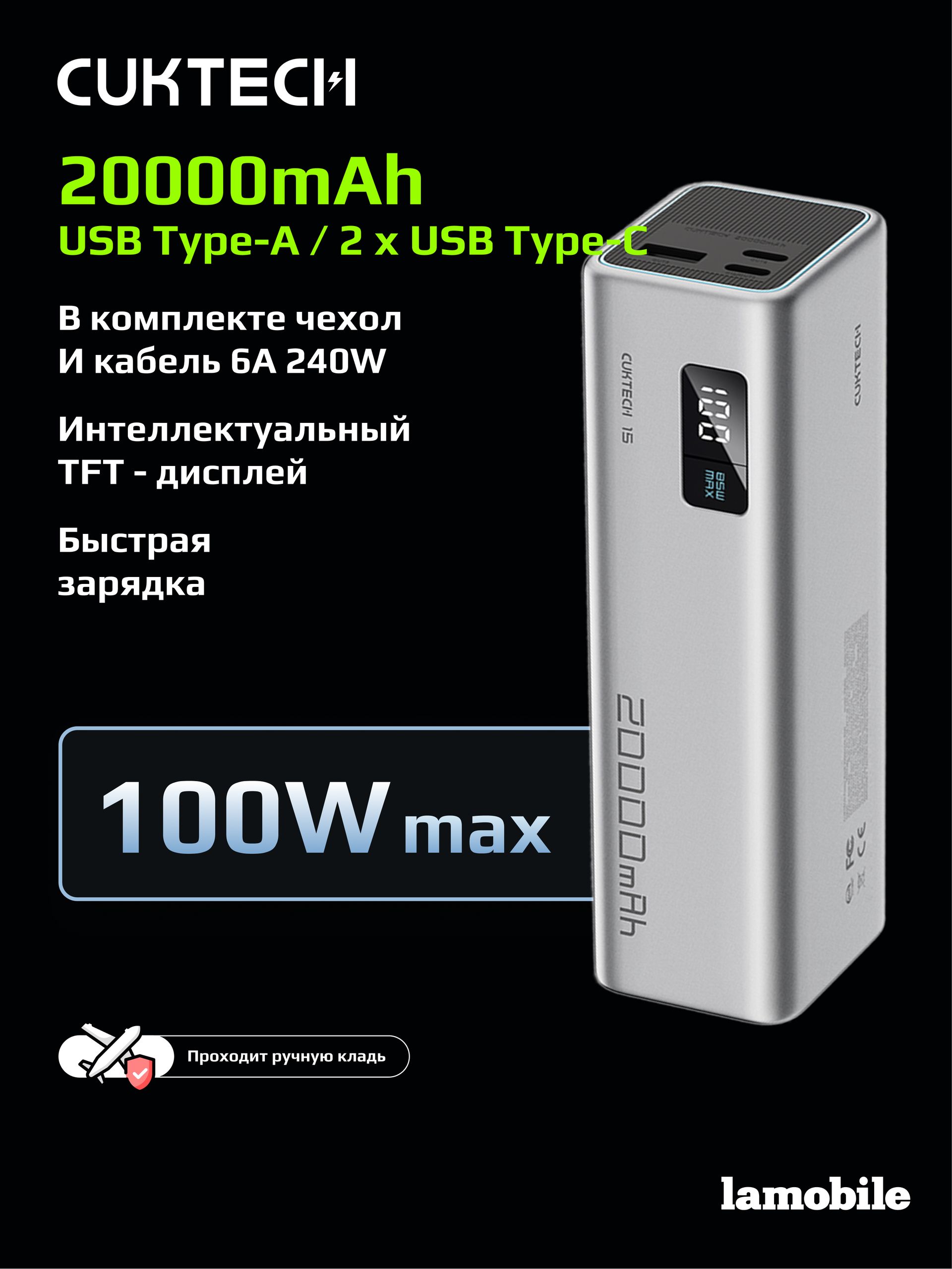 Внешний аккумулятор Power Bank CUKTECH PB200 20000mAh (Grey)
