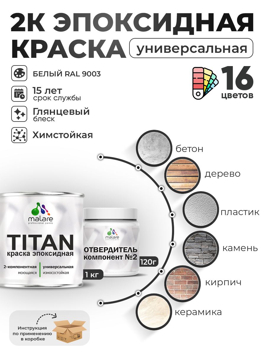 2К Эпоксидная краска Malare TITAN универсальная, двухкомпонентная влагостойкая высокопрочная износостойкая, RAL 9003 белый, глянцевая, (1 кг + 0,12кг отвердитель)