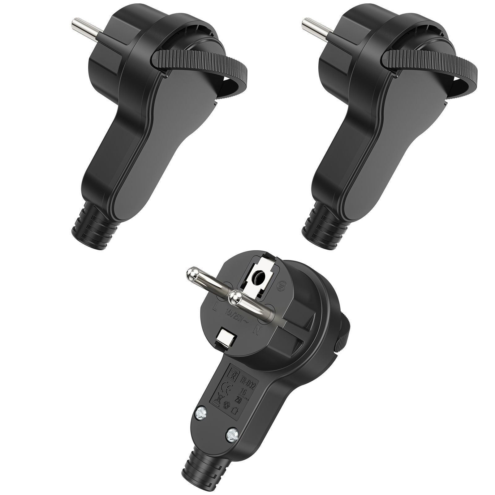 HITRENDSВилкаEUсвытяжнымкольцом,250V/16A,комплект3шт.,защитаотперегрузки,огнестойкая/пылезащитная,черная