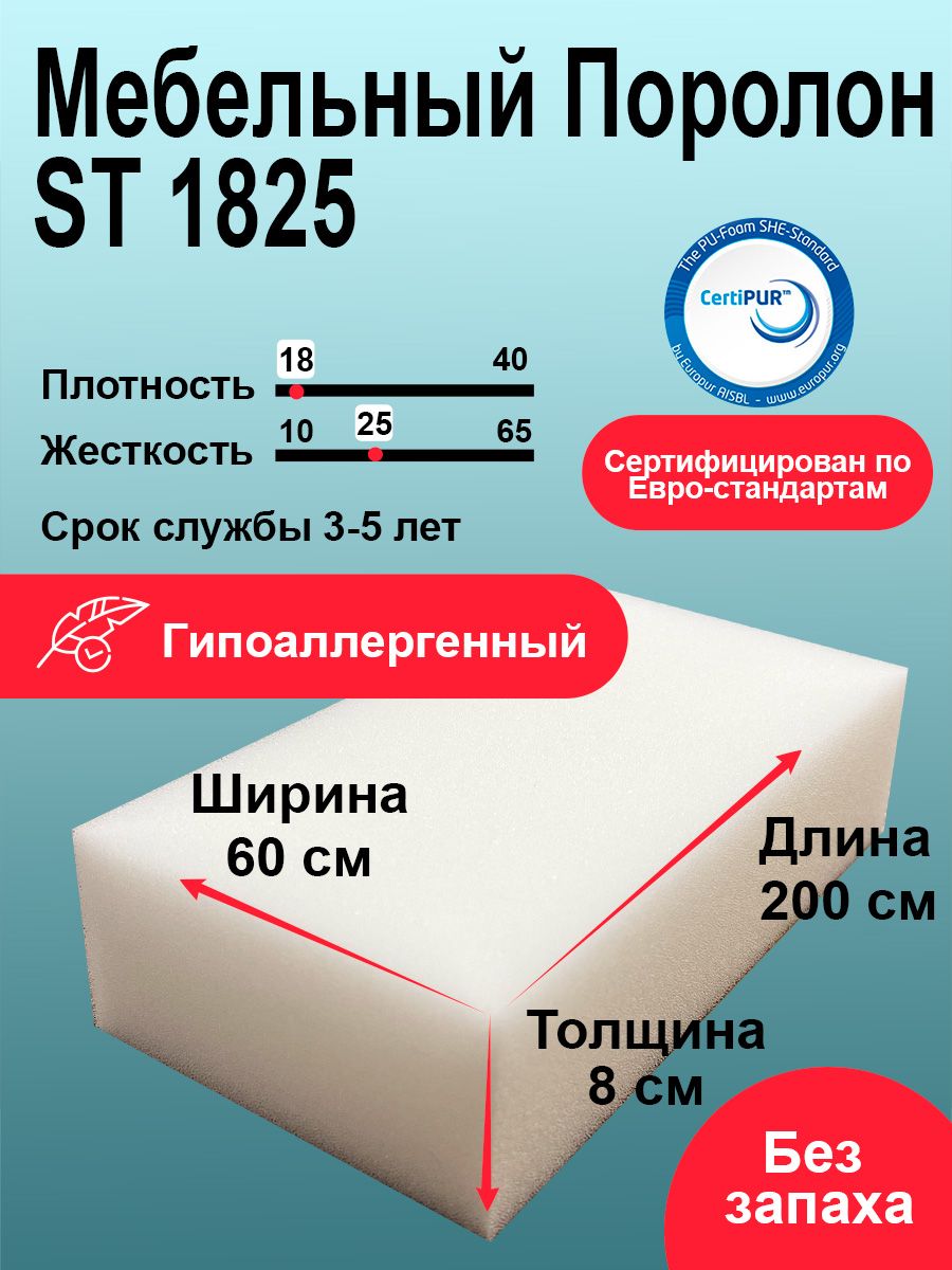 ПоролонST1825лист80x600x2000ммумеренномягкий,эластичныйпенополиуретан0,6на2метрадлябытовыхзадачирукоделиятолщиной8см