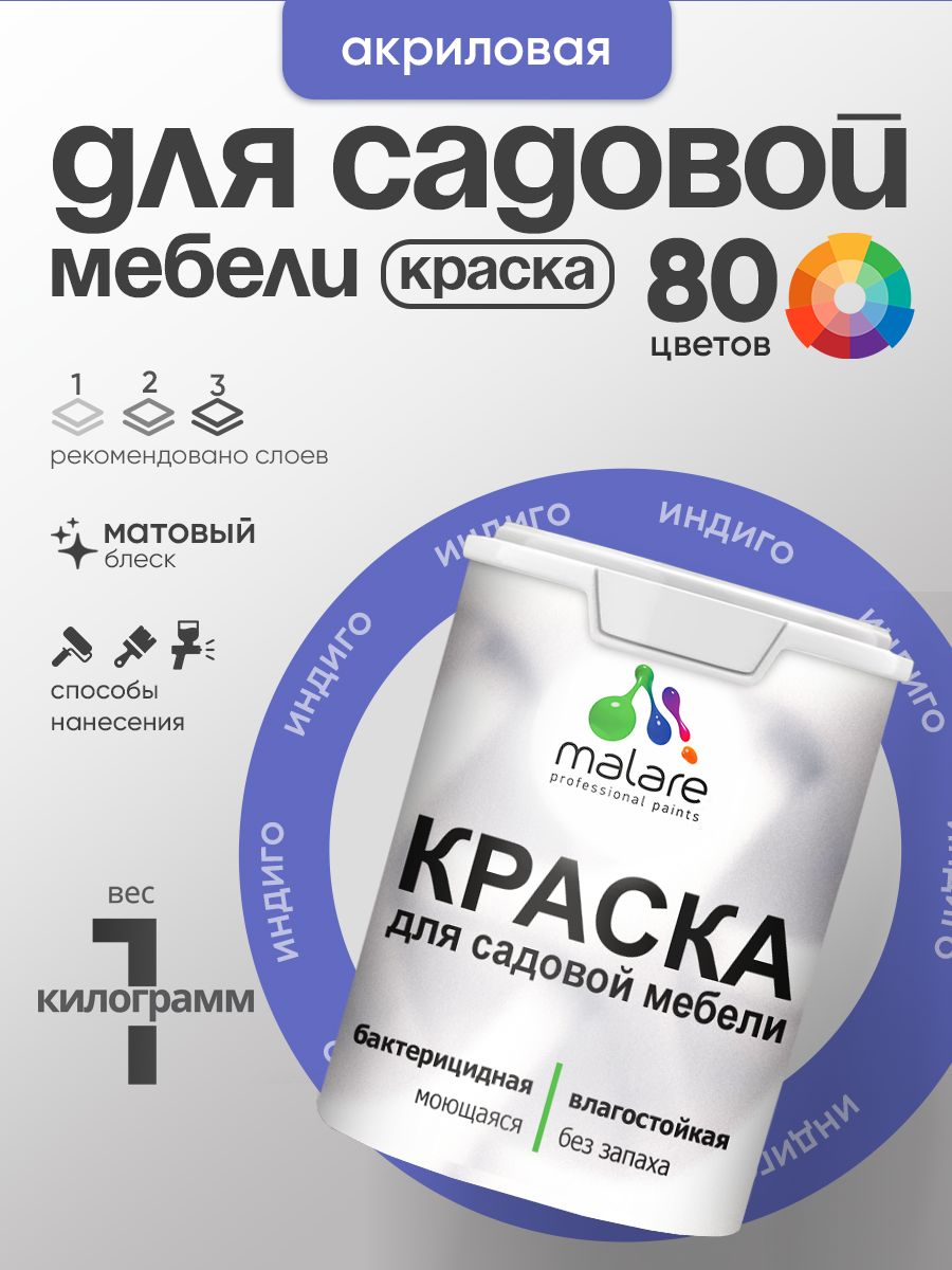 Акриловая краска Malare для садовой мебели/ по дереву, для наружных и внутренних работ/ быстросохнущая моющаяся без запаха матовая, индиго, 1 кг