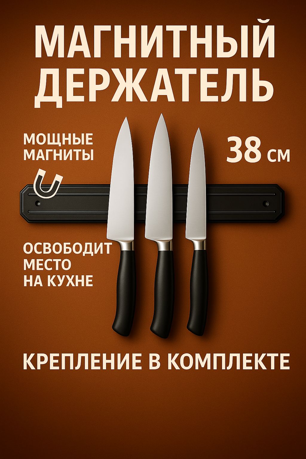 Магнитныйдержательдляножей38см-мощныемагнитыскреплениемвкомплекте,порядокнакухнеивгараже