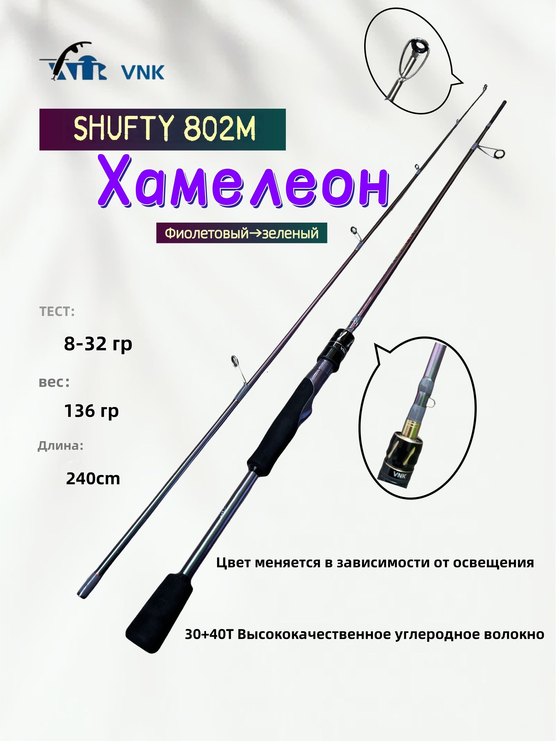 СпиннингдлярыбалкиХамелеонVNKSHUFTY,тест5-25гр,240смГрадиентныйфиолетовый