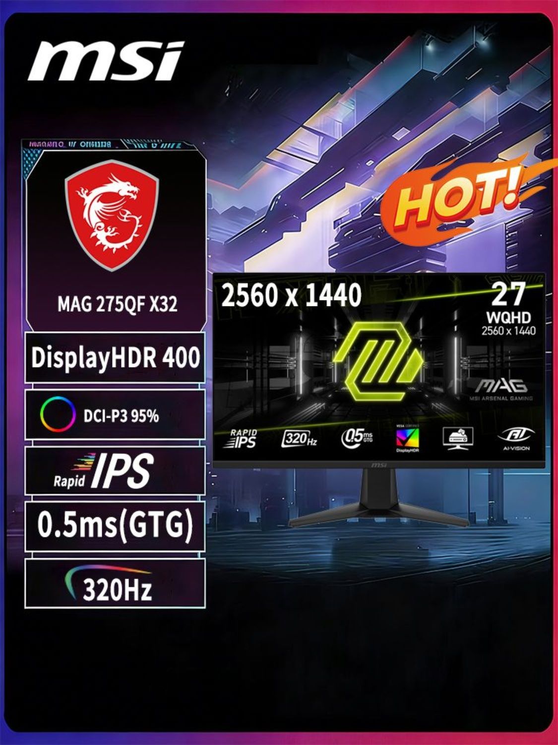 MSI27"МониторMSIMAG275QFX32,FAST-IPS,2K,320HZ,белый,голубой