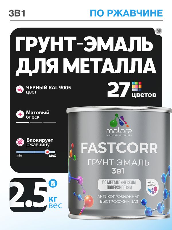 Грунт-эмаль по ржавчине 3 в 1 Malare FastCorr краска для металла, антикоррозионная износостойкая быстросохнущая RAL 9005, черный, матовая, 2,5 кг.