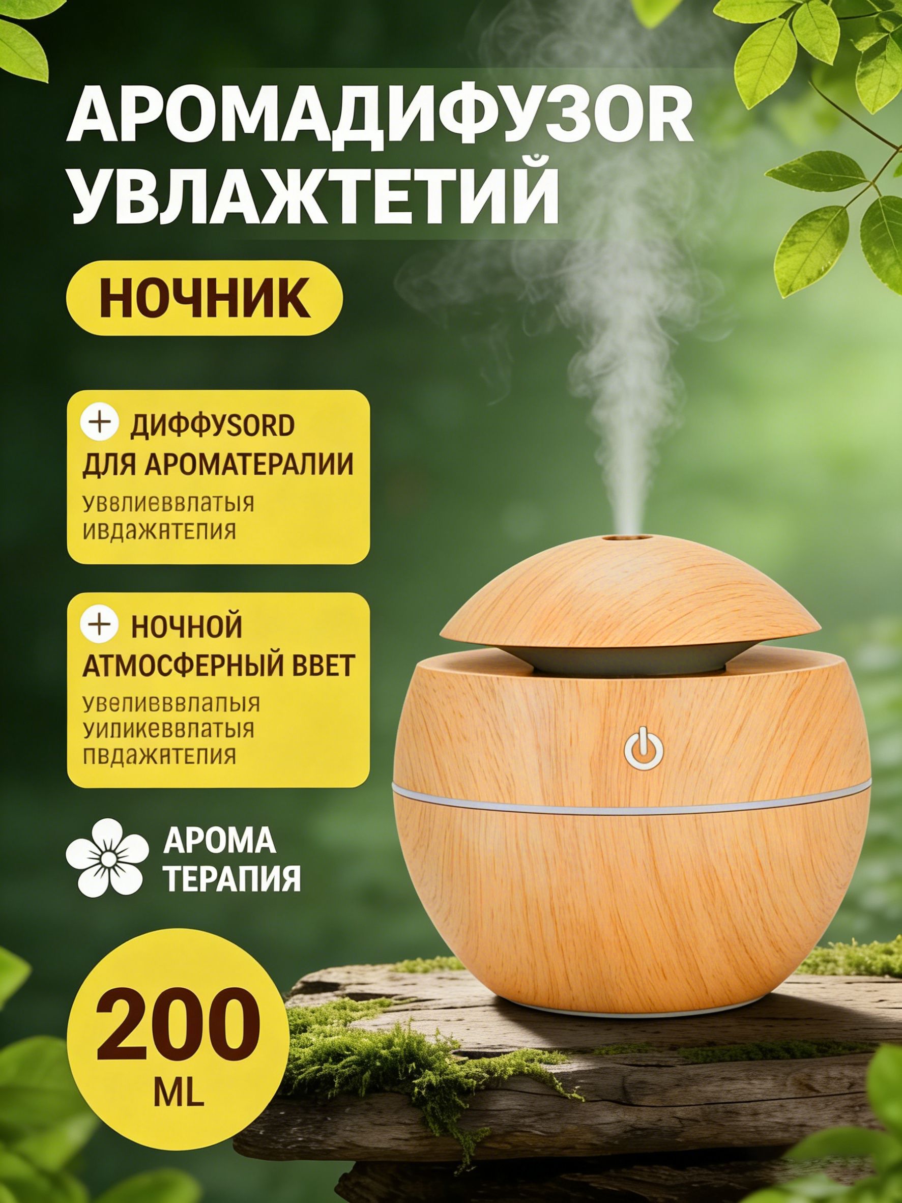 Ультразвуковой аромадиффузор-увлажнитель с ночником, 2 режима, верхний долив, 28 дБ, 200 мл