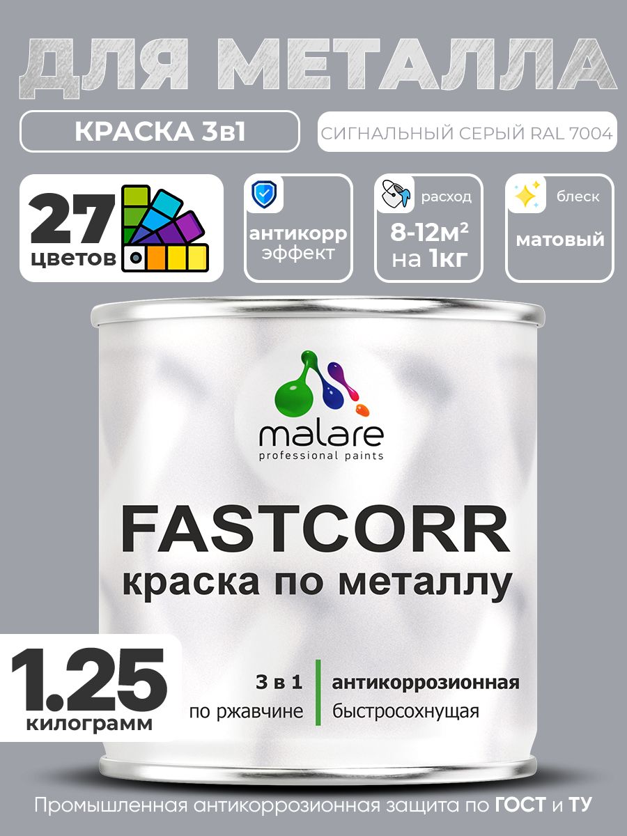 Краска для металла по ржавчине Malare FastCorr, для наружных работ износостойкая, быстросохнущая RAL 7004 сигнальный серый, матовая, 1,25 кг