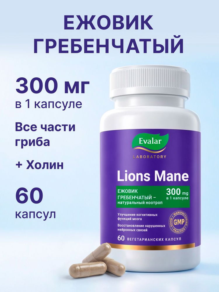 Ежовик гребенчатый (ежевик), lions mane, Evalar Laboratory, 60 капсул #1