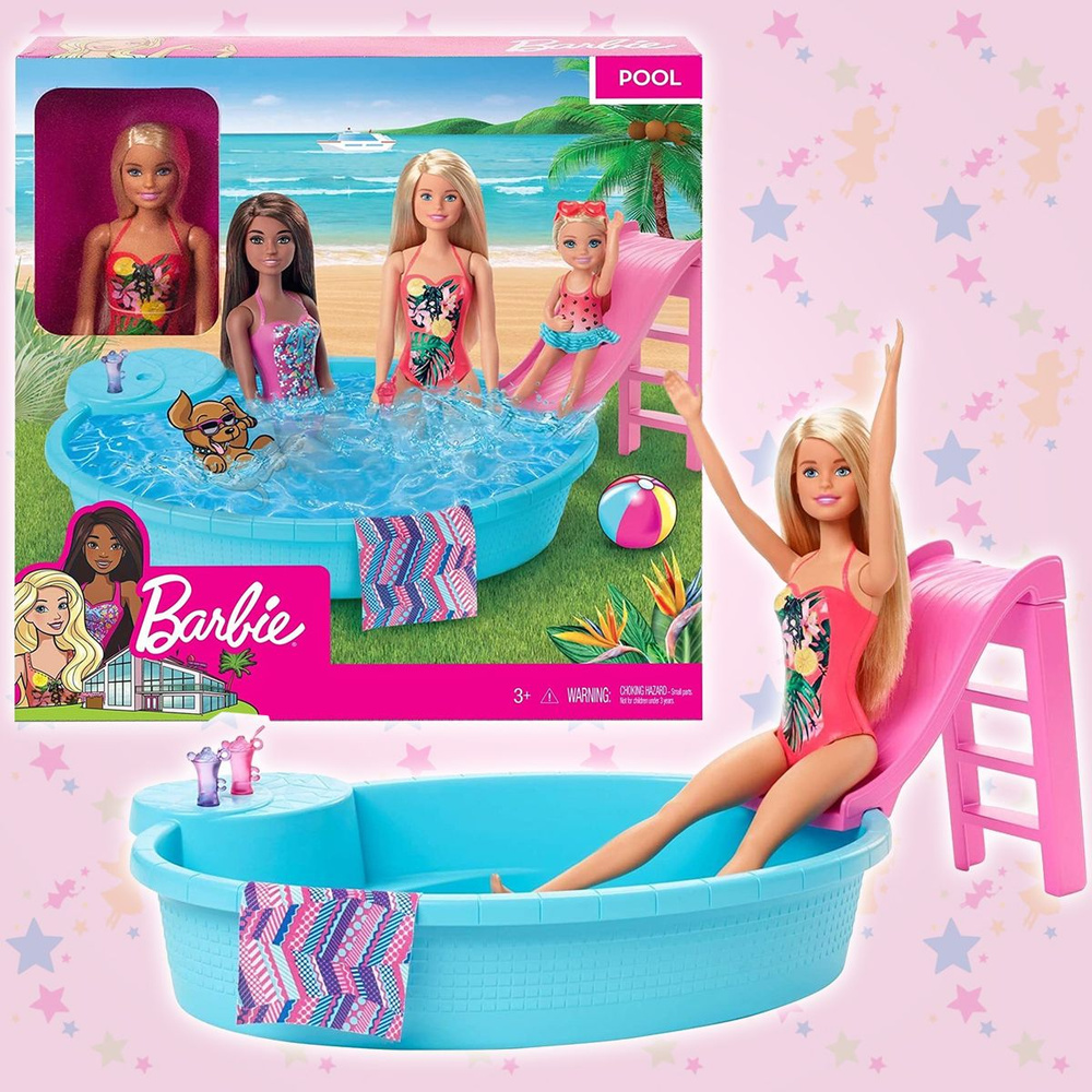 Кукла Barbie Pool Бассейн с горкой, с аксессуарами, игрушечное пляжное полотенце, бассейн и горка