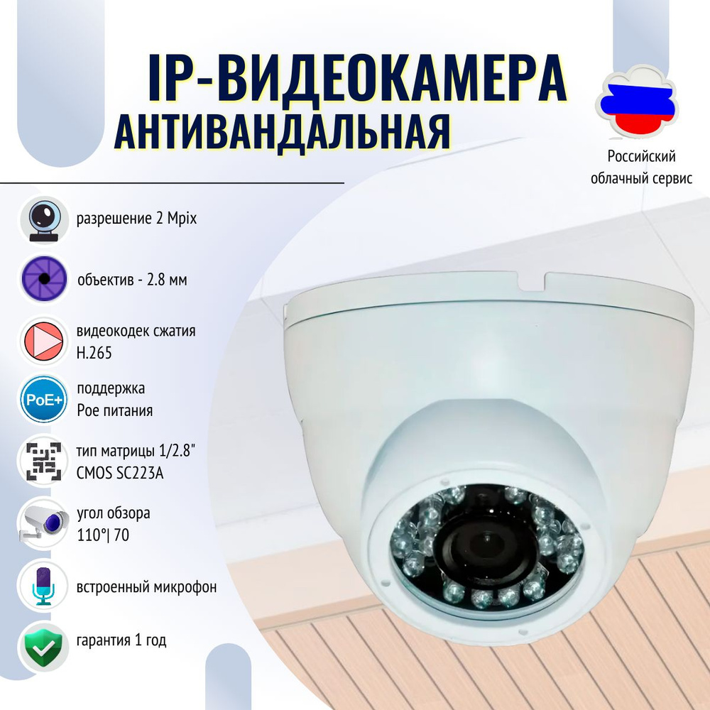 Купольная Антивандальная IP видеокамера со встроенным микрофоном POE LV  v2.0/разрешение - 2 Mpix/объектив - 2.8 мм/Поддержка POE питания