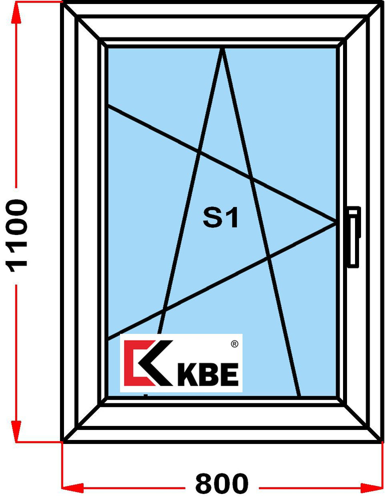 Окно пластиковое KBE 58 мм (1100 x 800), с поворотно-откидной створкой, стеклопакет из 2х стекол, левое #1