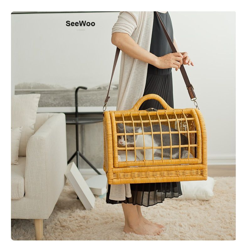 Рюкзак большой вместимости из ротанга, дышащий рюкзак для выгула кошек ...