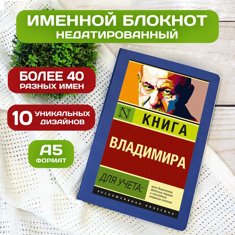 Блокнот с именем Владимир с принтом 'Книга учета' недатированный формата А5 Wispy синий  #1