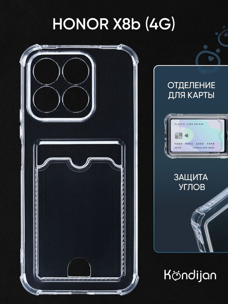 Чехол для Honor X8b 4G с карманом, с картхолдером, с защитой камеры, прозрачный / Хонор Х8b 4G  #1