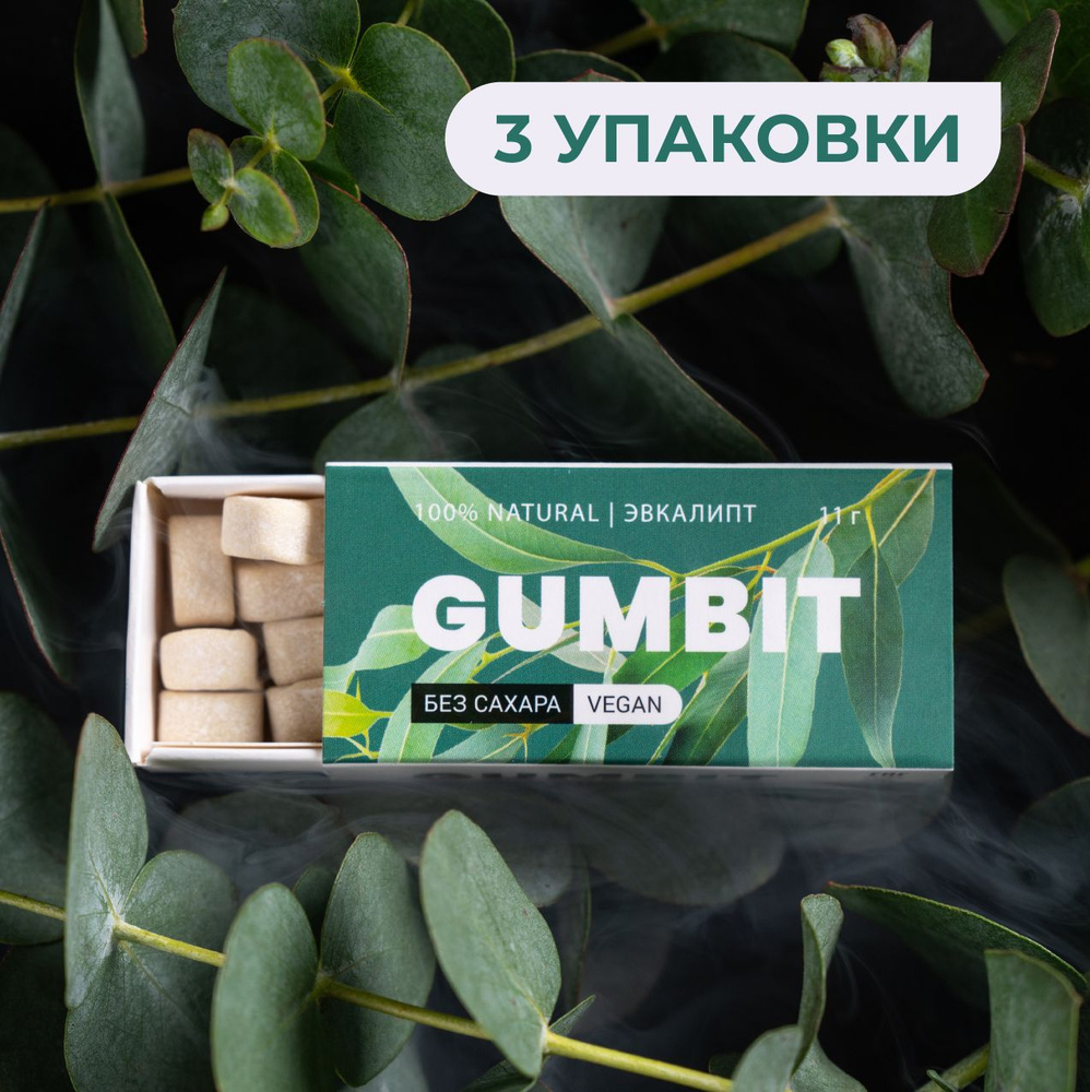 Натуральная жевательная резинка без сахара GUMBIT со вкусом Эвкалипт, 3 упаковки  #1