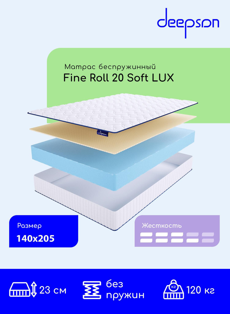Матрас, Ортопедический матрас, Deepson Fine Roll 20 Soft LUX средней жесткости, Полутороспальный, Беспружинный, #1