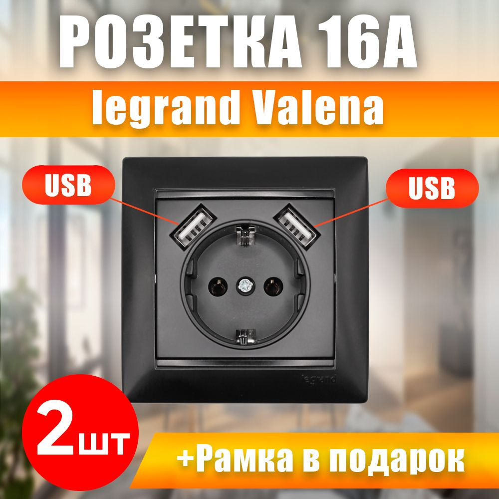 Розетка с USB Черная Legrand Valena 770319 2шт #1