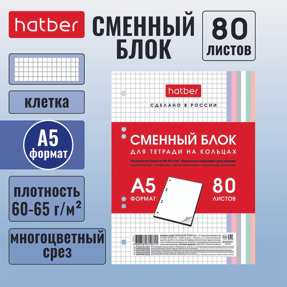 Сменный блок 80 листов клетка для тетрадей на кольцах, многоцветный срез  #1