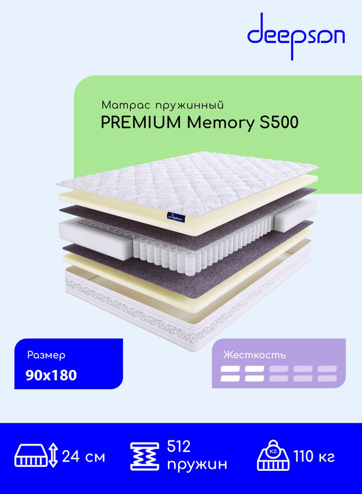 Матрас, ортопедический матрас Deepson PREMIUM Memory S500 ниже средней жесткости, детский, пружинный, #1