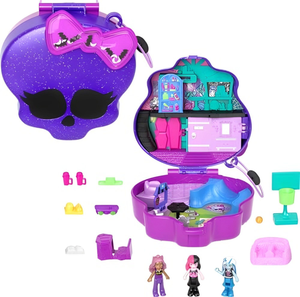 Монстр Хай Polly Pocket Monster High с 3 микро-куклами и 10 аксессуарами, открывающийся в школу  #1