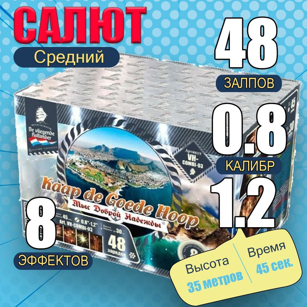 Красочная батарея салютов (фейерверк) Мыс доброй Надежды 48 зарядов, калибр 0.8"-1"-1.2", 45 секунд, #1