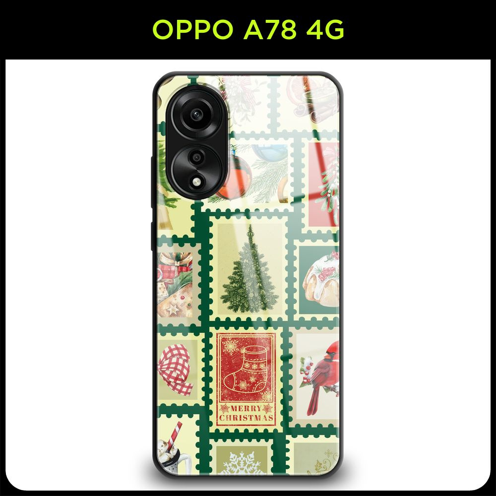 Стеклянный чехол на Oppo A78 4G / Оппо А78 4G с принтом "Новогодний - Коллекция зимних марок зелёная" #1