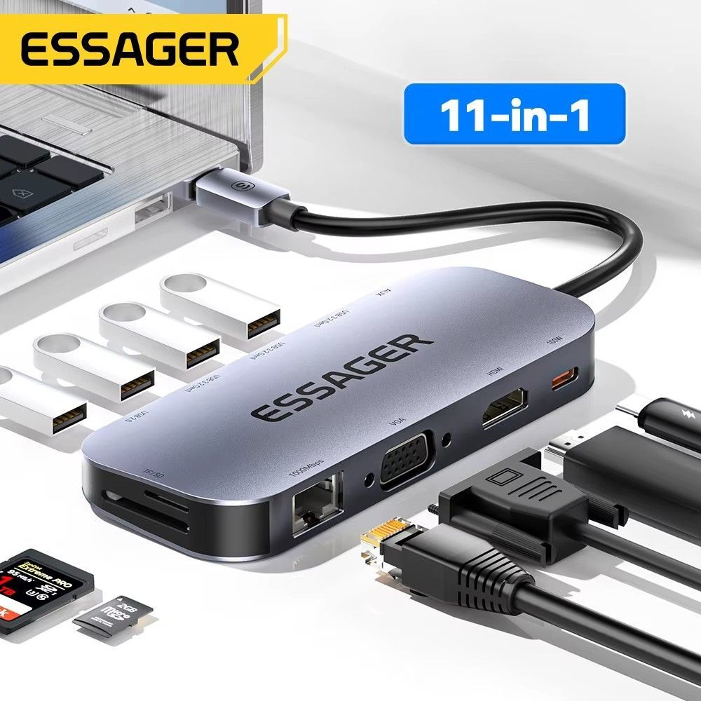 Адаптер переходник (картридер) Essager с Type-C на 2 USB 3.0 / SD / Micro SD / HDMI / SSD / USB-C 8 в #1